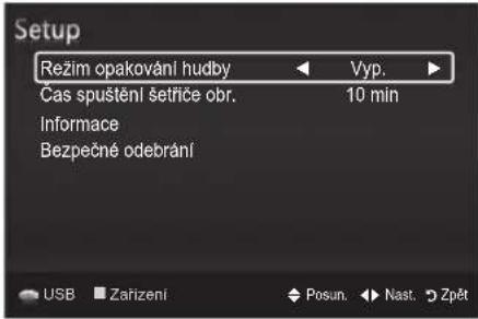 Setup Režim opakování hudby Cas spuštění šetříče obr. Informace Bezpečné odebrání Vyp. 10 min USB Zařizení Posun. Nast. Zpět