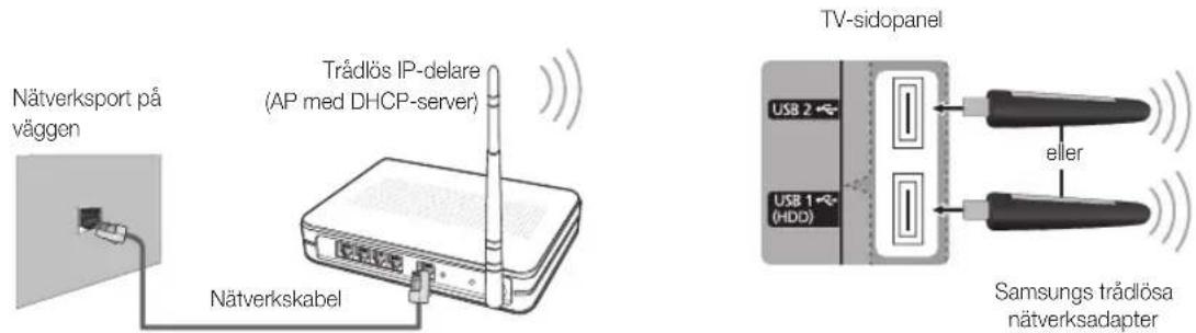 Nätverksport på väggen Trådlös IP-delare (AP med DHCP-server) Nätverkskabel TV-sidopanel USB 2 eller USB 1 (HDD) Samsungs trådlösa nätverksadapter