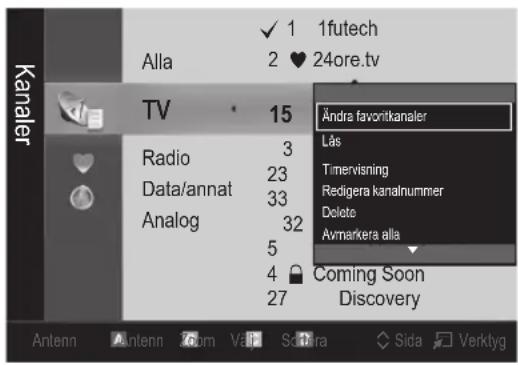 1futech 2 24ore.tv Alla TV 15 Radio 3 Data/annat 23 Analog 33 5 4 27 Andra favorikanaler Läs Timervisning Redigera kanalnummer Delete Avmarkera alla Coming Soon Discovery Antenn Antenn 60m Valt Schera Sida Verktyg