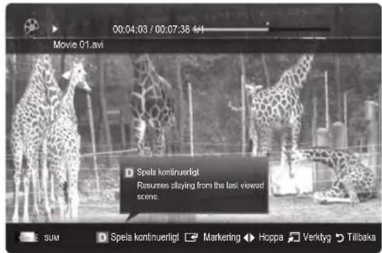 00:04:03 / 00:07:38 4/1 Movie 01.avi Spela kontinuerligt Resurnos staying from the last viewed scene. SUM Spela kontinuerligt ▼ Marketing ◀ Hoppa ▼ Verktyg ▶ Tillbaka