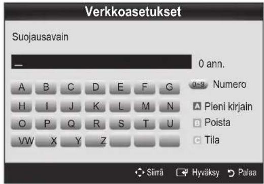 Verkkoasetukset Suojausavain 0 ann. A B C D E F G H I J K L M N O P Q R S T U VW X Y Z Numero Pieni kirjain Poista Tila Siirä Hyväksy Palaa