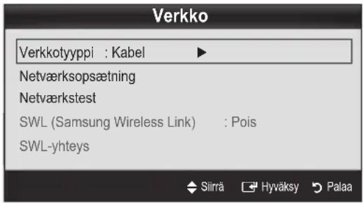 Verkko Verkkotyyppi : Kabel ► Netværksopsætning Netværkstest SWL (Samsung Wireless Link) : Pois SWL-yhteys ← Siirä → Hyväksy → Palaa