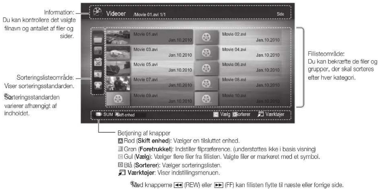 Information: Du kan kontrollere det valgte filnavn og antallet af filer og sider. Sorteringslisteområde: Viser sorteringsstandarden. varierer afhængigt af indholdet. SUM Skift enhed Vælg Sorferer Værktojer Betjening af knapper Rød (Skift enhed): Vælger en tilsluttet enhed. Grøn (Foretrukket): Indstiller filpræference. (understøttes ikke i basis visning) Gul (Vælg): Vælger flere filer fra fillisten. Valgte filer er markeret med et symbol. Blå (Sorterer): Vælger sorteringslisten. Værktojer: Viser indstillingsmenuen. Med knapperne (REW) eller (FF) kan fillisten flytte til næste eller forrige side.