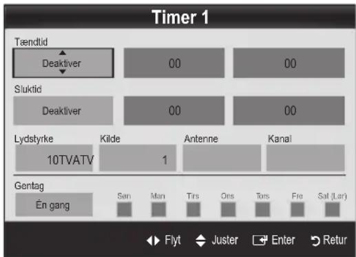 Timer 1 Tændtid Deaktiver 00 00 Sluktid Deaktiver 00 00 Lydstyrke Kilde Antenne Kanal 10TVATV 1 Gentag En gang Sam Man Tirs Oes Tors Fre Sat (Lar) Flyt Juster Enter Return