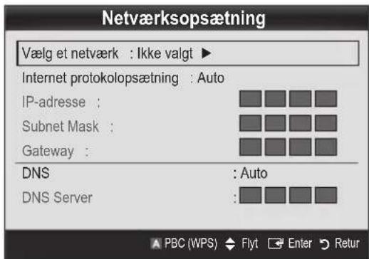 Netværksopsætning Vælg et netværk : Ikke valgt ▶ Internet protokolopsætning : Auto IP-adresse : Subnet Mask : Gateway : DNS : Auto DNS Server :