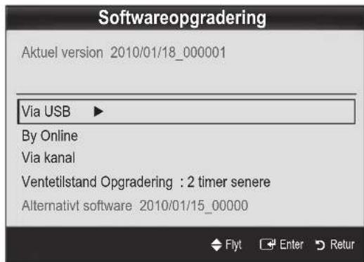 Softwareopgradering Aktuel version 2010/01/18_000001 Via USB ► By Online Via kanal Ventetilstand Opgradering : 2 timer senere Alternativt software: 2010/01/15_00000 Flyt Enter Retur