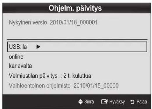 Ohjelm. päivitys Nykyinen versio 2010/01/18_000001 USB:lla ▶ online kanavalta Valmiustilan päivitys : 2 t. kuluttua Vaihtoehtoinen ohjelmisto 2010/01/15_00000 Sirrä Hyväksy Palaa