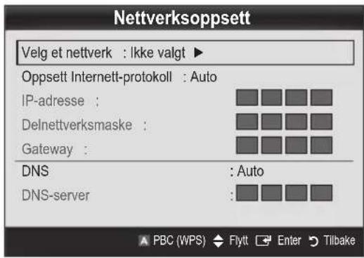 Nettverksoppsett Velg et nettverk : Ikke valgt ▶ Oppsett Internett-protokoll : Auto IP-adresse : Delnettverksmaske : Gateway : DNS : Auto DNS-server :