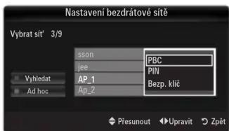 Nastavení bezdrátové sitě Vybrat sit' 3/9 sson PBC jee PIN AP_1 Bezp. klíč Ap_2 Vyhledat Ad hoc Přesunout Upravit Zpět