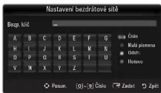 Nastavení bezdrátové sitě Bezp. kiře A B C D E F G H I J K L N N D P Q R S T U V W X Y Z Číslo Mali písmena Ośstr. Hotovo Posun. (0)~(9) Číslo Zadat Zpět