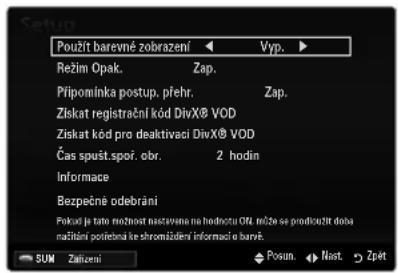Použít barevné zobrazení Vyp. Režim Opak. Zap. Připomínka postup. přehr. Zap. Ziskat registrační kód DivX® VOD Ziskat kód pro deaktivaci DivX® VOD Čas spušt.spoř. obr. 2 hodin Informace Bezpečné odebrání Pokst je tate možnost nastavena ne hodnotu Otl. nože se prodložit doba načitání potičena se shromůždení informací i baryě. SUM Zatorení Posin. Nast. Zpát