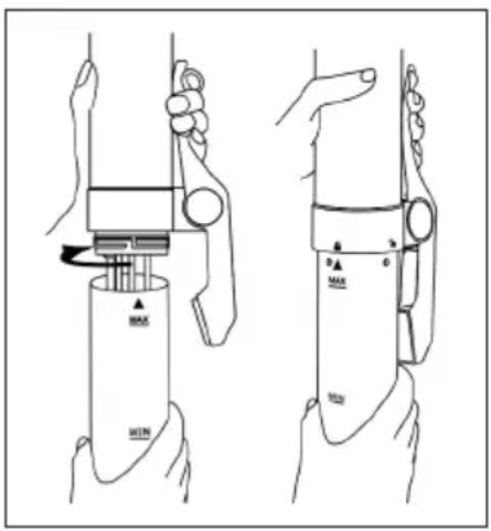 Technical diagram showing two hand positions of a device with labeled parts: MAX, WIN, and MAX/RED.