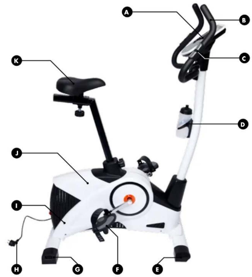Labeled diagram of a white exercise bike with numbered parts for identification