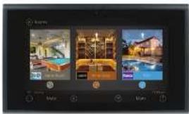 Smart home screen displaying three interior photos with Chinese UI buttons and navigation controls