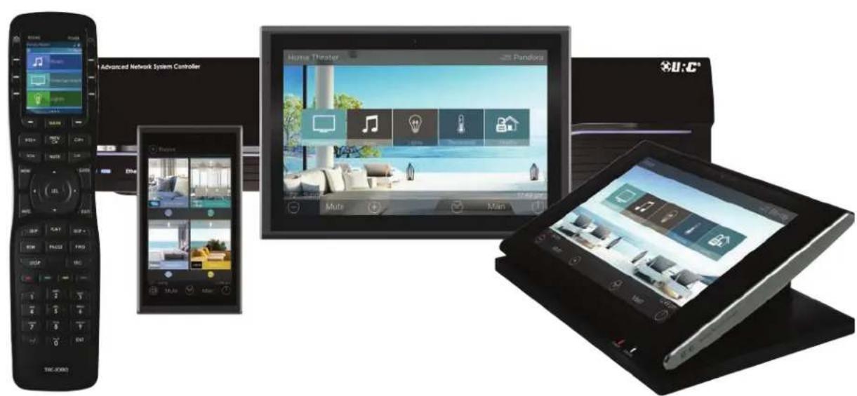 Product lineup image showing home theater, Pandora, and smart home devices with labeled UI components and screen interfaces.