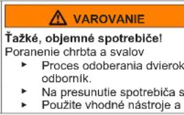 VAROVANIE Čažké, objemné spotrebiče! Poranenie chrbta a svalov ► Proces odoberania dvierok odborník. ► Na presunutie spotrebiča s ► Použite vhodné nástroje a