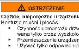 OSTRZEŻENIE Cieżkie, nieporęczne urządzenia Kontuzje mięśni i pleców ► Czynność demontażu drzw wana tylko przez wyszkolor ► Przemieszczenie urządzeń ► Używać tylko odpowiednict