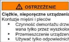 OSTRZEŻENIE Cieżkie, nieporęczne urządzenia Kontuzje mięśni i pleców ► Czynność demontażu drzw wana tylko przez wyszkolor ► Przemieszczenie urządzeń ► Używać tylko odpowiednich