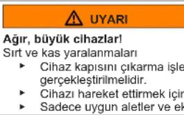 ⚠️ UYARI Ağır, büyük cihazlar! Sırt ve kas yaralanmaları ► Cihaz kapısını çıkarma işle gerçekleştirilmelidir. ► Cihazı hareket ettirmek için ► Sadece uygun aletler ve ek