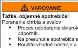 VAROVANIE Čažké, objemné spotrebiče! Poranenie chrbta a svalov ► Proces odoberania dvierok odborník. ► Na presunutie spotrebiča s ► Použite vhodné nástroje a