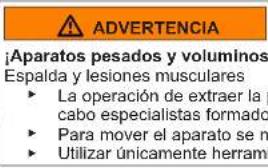 ADVERTENCIA ¡Aparatos pesados y voluminos Espalda y lesiones musculares ► La operación de extraer la cabo especialistas formado ► Para mover el aparato se m ► Utilizar únicamente herramienta