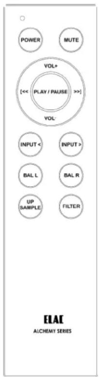 POWER MUTE VOL+ [<< PLAY / PAUSE >] VOL- INPUT< INPUT> BAL L BAL R UP SAMPLE FILTER ELAE ALCHEMY SERIES