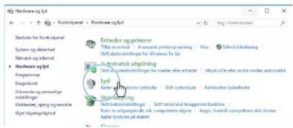Hardware og lyd Startside for Kontrolpanel System og ikikkerhed Netvark og internet Hardware og lyd Programmes Bisprinkonti Udavende og personlige indstillinger Ocklesler, sprog og ennride Dget tilgengelighed Enbeder og printere Tifelj en enhed Avoncent printerputæning Mue Erbedskrindtering Shift stadinskillinger for Windows To Go Automatistik abpiling Shift stadinskillinger for medier eller enheder Abpl c/o'e eller andre medier automatik lyd hater hydromes lydylyde Shift systemlyde Administer hydnebedo Stopfremplying Shift huttinskillingen Shift tend/duk-kruppernes funktionie Korvo en adjaagpåndre, fra computem vigtens Angio, hovandri computem skat skarve hater lydylyde på skarm
