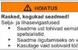 HOIATUS Rasked, kogukad seadmed! Selja- ja lihasevigastused ► Seadme ust tohivad eemal spetsialistid. ► Seadme liigutamiseks on v ► Kasutage vaid sobivaid töö