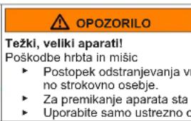 OPOZORILO Težki, veliki aparati! Poškodbe hrbta in mišic ► Postopek odstranjevanja vno strokovno osebje. ► Za premikanje aparata sta ► Uporabite samo ustrezno o