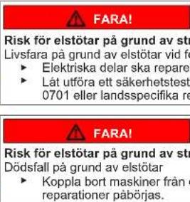 FARA! Risk för elstötar på grund av stra Livsfara på grund av elstötar vid fe ► Elektriska delar ska repare ► Lát utföra ett säkerhetstest 0701 eller landsspecifika re FARA! Risk för elstötar på grund av stra Dödsfall på grund av elstötar ► Koppla bort maskiner från e reparationer påbörjas.