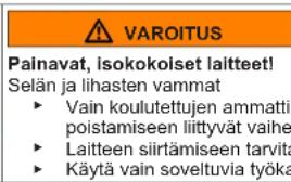 VAROITUS Painavat, isokokolset laitteet! Selän ja lihasten vamma ► Vain koulutettujen ammattil poistamiseen liittyvät vaihe ► Laitteen siirtämiseen tarvita ► Käytä vain soveltuvia työka