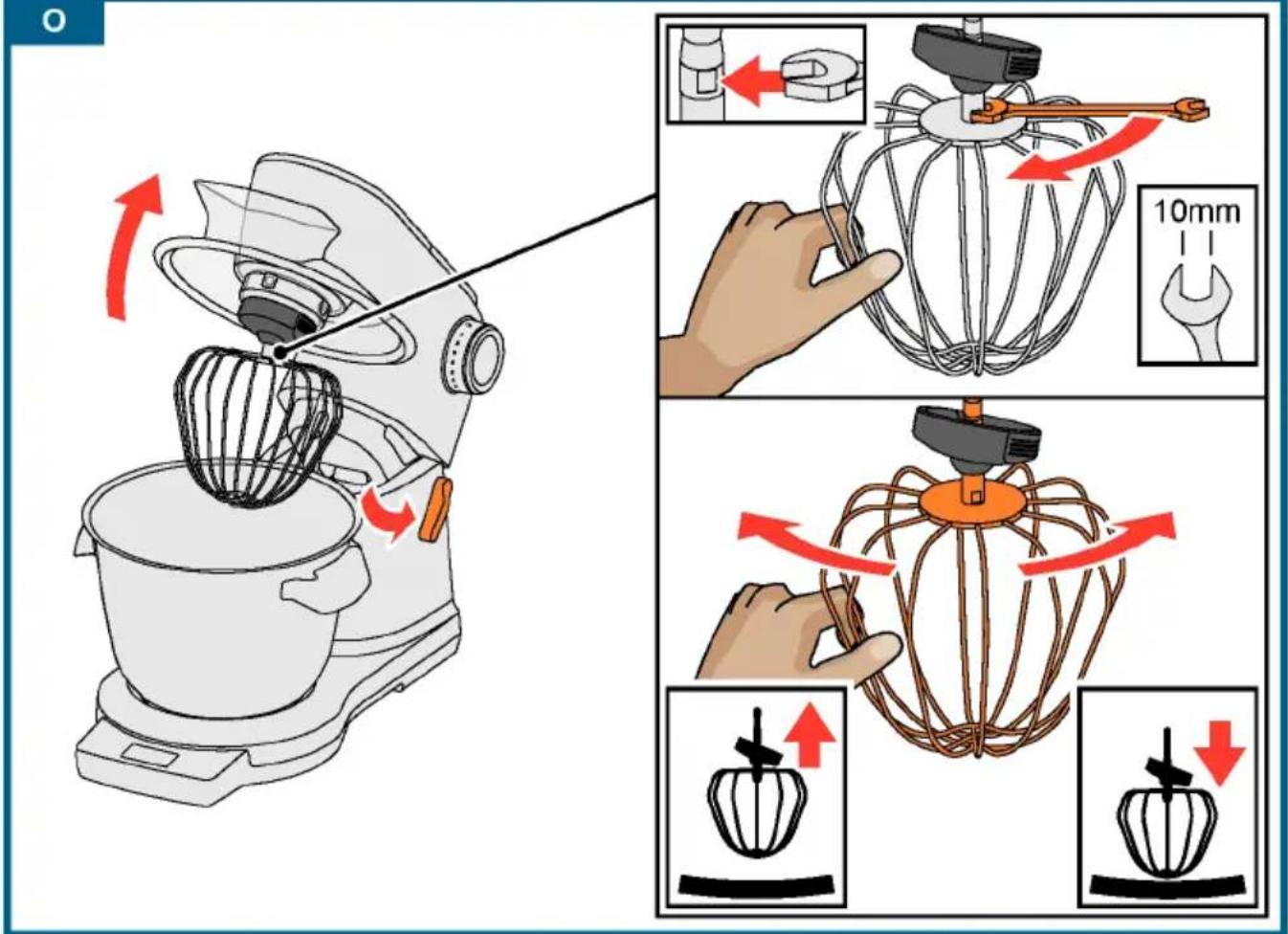 Illustration showing a kitchen mixer being adjusted for a 10mm wire, with step-by-step instructions and component diagrams.