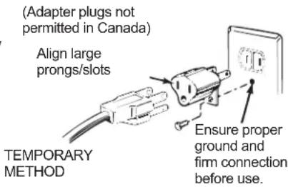 (Adapter plugs not permitted in Canada) Align large prongs/slots TEMPORARY METHOD Ensure proper ground and firm connection before use.