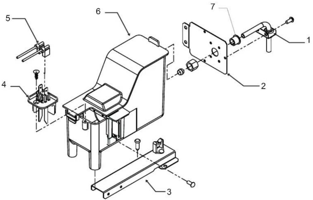 Technical diagram of an electrical switch assembly with numbered components and exploded view