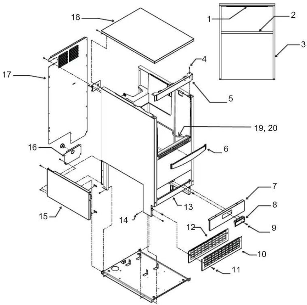Technical diagram of a multi-level refrigerator with numbered components and an inset view of the front panel.