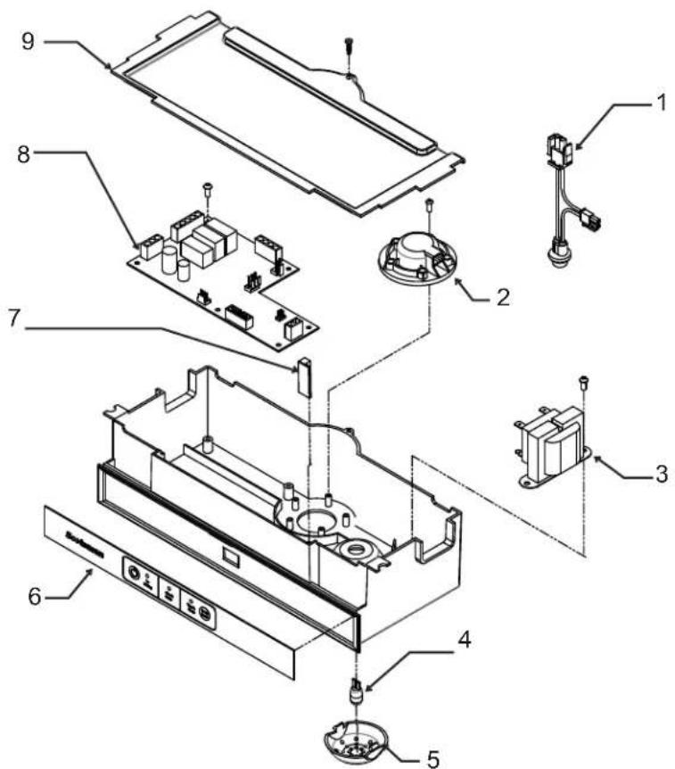 Exploded view diagram of a device's internal components with numbered parts for identification