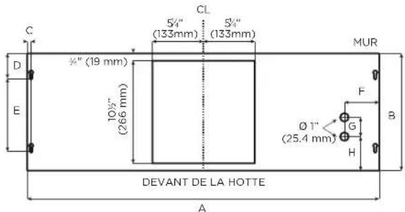 C D E ½" (19 mm) 10½" (266 mm) CL 5¼" (133mm) 5¼" (133mm) MUR F B Ø 1" (25.4 mm) G H DEVANT DE LA HOTTE A