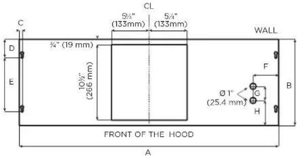 C D E ½" (19 mm) 10½" (265 mm) CL 5½" (133mm) 5¼" (133mm) WALL F Ø 1" (25.4 mm) G H B FRONT OF THE HOOD A