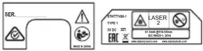 SER. MADE IN CHINA STHT77400-1 TYPE 1 3V DC EAC LASER 2 51.5mW @510-530nm IEC 60825-1: 2014 www.stankycoors.com www.stankytools.com