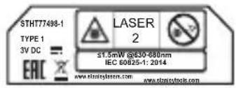 STHT77498-1 TYPE 1 3V DC EAC LASER 2 ≤1.5mW @630-680nm IEC 60025-1: 2014 www.elelieaser.com www.elelieystock.com