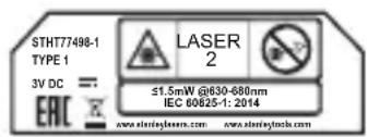 STHT77498-1 TYPE 1 3V DC = ERIC LASER 2 ≤1.5mW @630-680nm IEC 60625-1: 2014 www.stireyleaser.com www.stireyletools.com