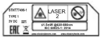 STHT77498-1 TYPE 1 3V DC = 1 ERIC LASER 2 ≤1.5mW @630-680nm IEC 60825-1: 2014 www.stirichstors.com www.stirichstors.com