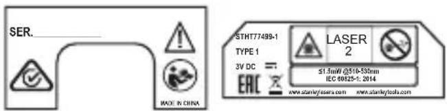 SER. HAO: IN CHINA STHT77489-1 TYPE 1 3V DC = EAC LASER 2 1.5mW @10-530mm IEC 60825-1: 2014 www.stanky/assers.com www.stanky/assu.com