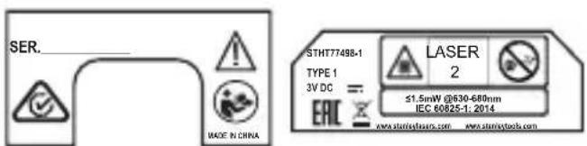 SER. MADE IN CHINA STMT77498-1 TYPE 1 3V DC = ERIC LASER 2 ≤1.5mW @630-680nm IEC 60825-1: 2014 www.staristelaser.com www.staristools.com