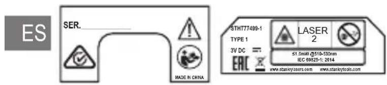 ES SER. MADE IN CHINA STHT77490-1 TYPE 1 3V DC ERIC LASER 2 51.5mW @510-530nm IEC 60825-1: 2014 www.stankylosers.com www.stankytools.com