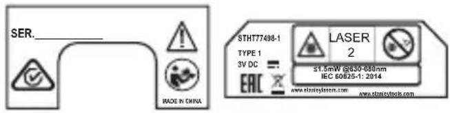 SER. MADE IN CHINA STHT77408-1 TYPE 1 3V DC EAC LASER 2 ±1.5mW Gd630-660nm IEC 80825-1: 2014 www.eleucyclaser.com www.eleucystock.com