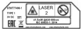 STHT77498-1 TYPE 1 3V DC = EAC LASER 2 ≤1.5mW @630-680nm IEC 60025-1: 2014 www.stingeynote.com www.stingeynote.com