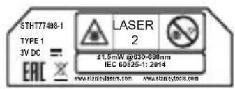 STHT77498-1 TYPE 1 3V DC = - ERC ✗ LASER 2 ≤1.5mW @630-680nm IEC 60825-1: 2014 www.eleseylastem.com www.eleseytools.com