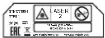 STHT77499-1 TYPE 1 3V DC == EAC LASER 2 S1.5mW @510-535nm IEC 68825-1: 2014 www.stankyassers.com www.stankytools.com
