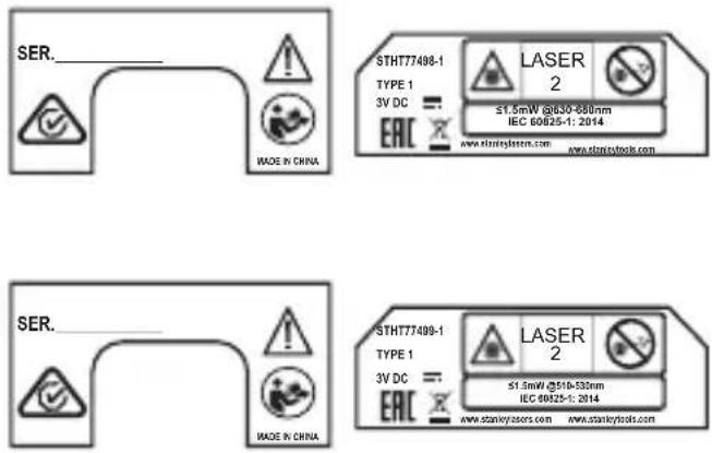 SER. MADE IN CHINA STHT77408-1 TYPE 1 3V DC EAC LASER 2 ≤1.5mW @630-660nm IEC 60825-1: 2014 www.stakeylasers.com www.stakeytools.com SER. MADE IN CHINA STHT77409-1 TYPE 1 3V DC EAC LASER 2 ≤1.5mW @510-530nm IEC 60825-1: 2014 www.stakeylasers.com www.stakeytools.com